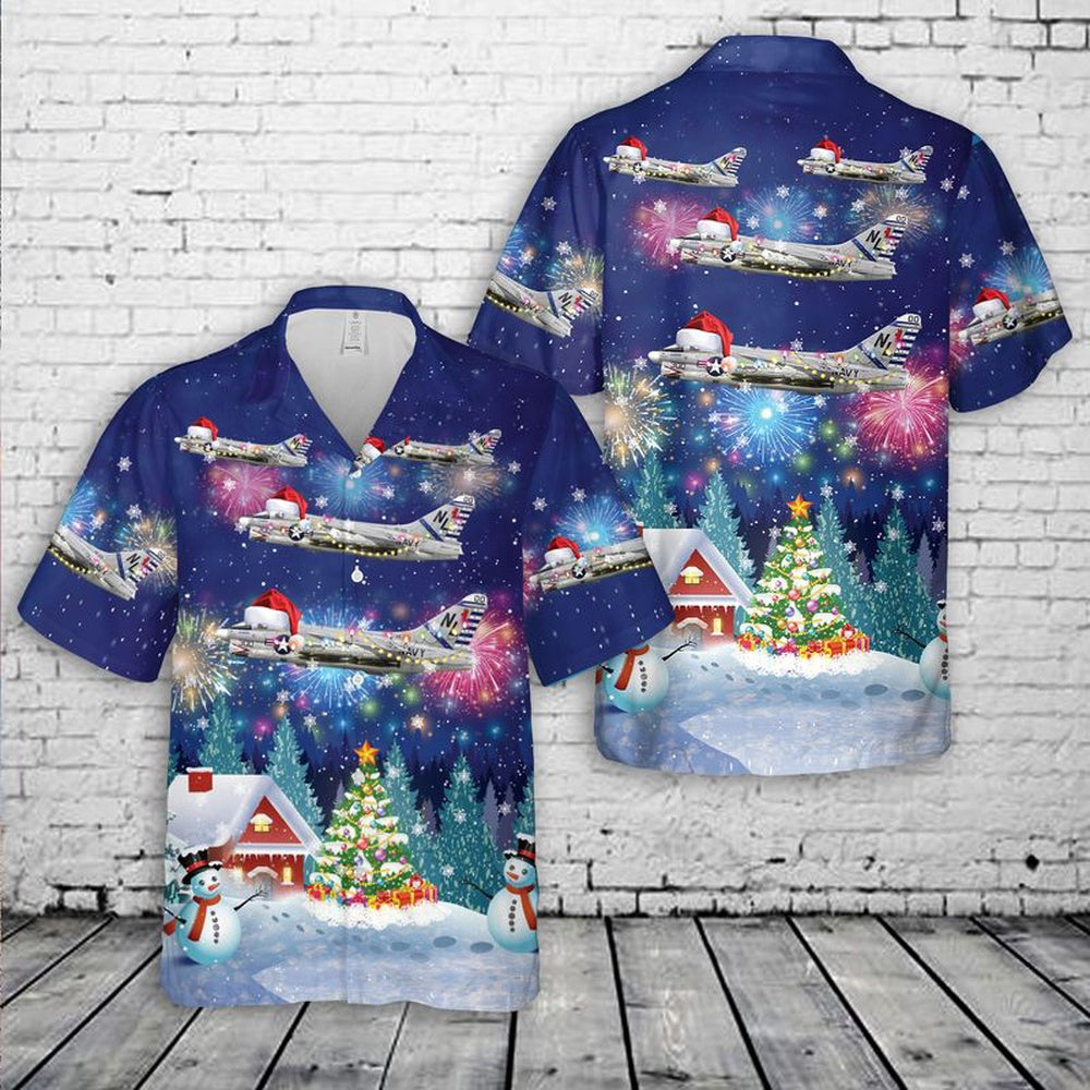 Us Navy Hawaiian Shirt, US Navy A-7E Corsair II Of VFA-22 Fighting Redcocks Christmas Hawaiian Shirt, Military Hawaiian Shirt