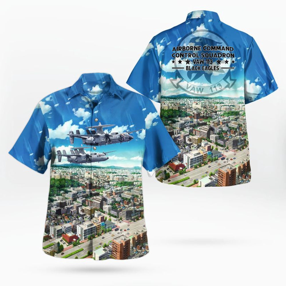 Us Navy Hawaiian Shirt, US Navy Airborne Command & Control Squadron 113 (VAW-113) E-2A Hawkeye Black Eagles Hawaiian Shirt