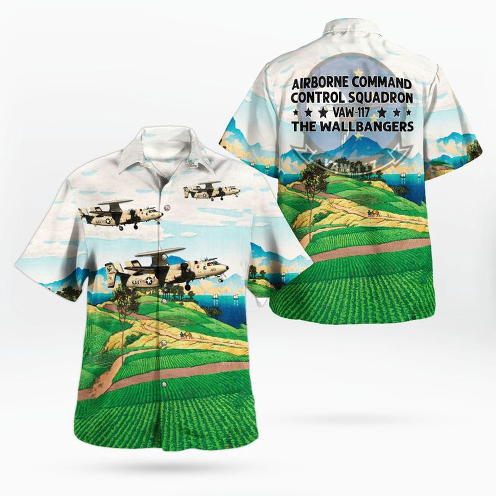 Us Navy Hawaiian Shirt, US Navy Airborne Command & Control Squadron 117 (VAW-117) The Wallbangers E-2D Hawkeye Hawaiian Shirt