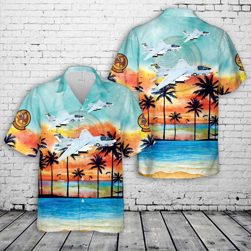 Us Navy Hawaiian Shirt, US Navy Attack Squadron 174 (VA-174) Hellrazors (1976) A-7e Corsair II Hawaiian Shirt, Military Hawaiian Shirt
