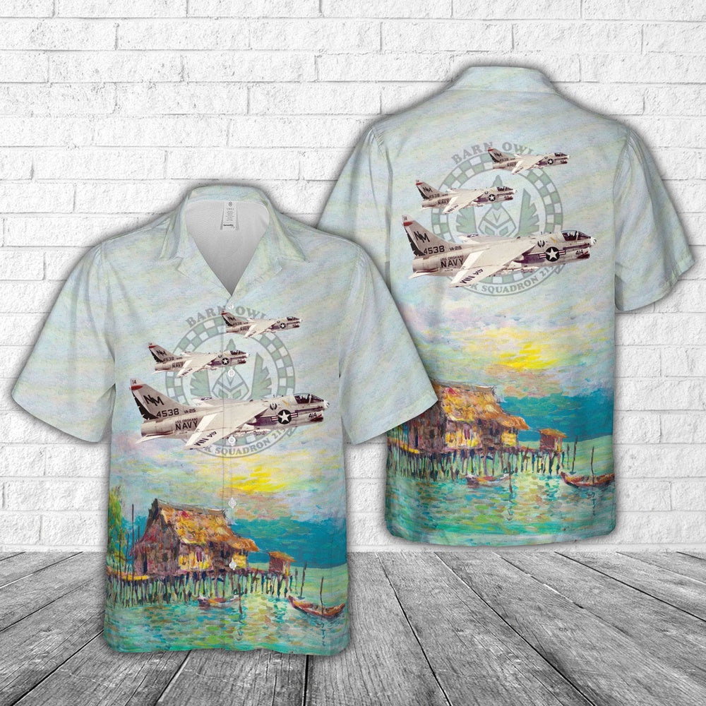 Us Navy Hawaiian Shirt, US Navy Attack Squadron 215 Barn Owls A-7B Corsair IIs Hawaiian Shirt, Military Hawaiian Shirt