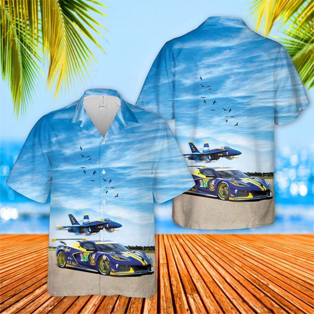 Us Navy Hawaiian Shirt, US Navy Blue Angels Chevrolet Corvette C8R GTE Hawaiian Shirt, Military Hawaiian Shirt