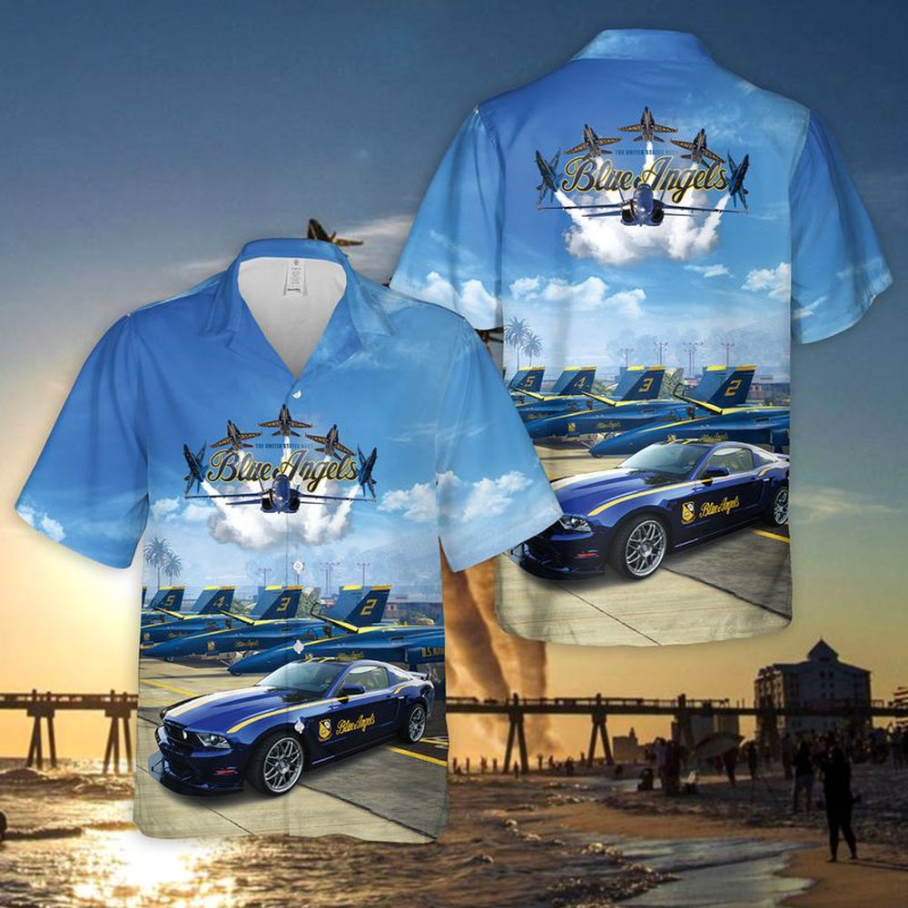 Us Navy Hawaiian Shirt, US Navy Blue Angels Ford Mustang GT Hawaiian Shirt, Military Hawaiian Shirt
