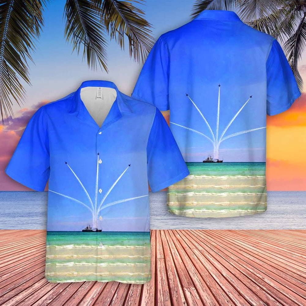 Us Navy Hawaiian Shirt, US Navy Blue Angels Show over Pensacola Beach Pier Hawaiian Shirt, Military Hawaiian Shirt