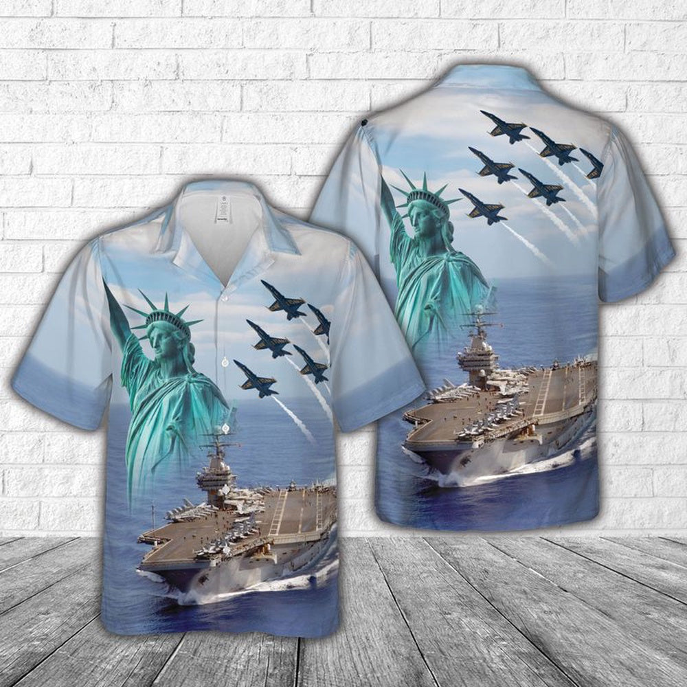 Us Navy Hawaiian Shirt, US Navy Blue Angels fly over USS Carl Vinson (CVN 70), 4th Of July Hawaiian Shirt, Military Hawaiian Shirt