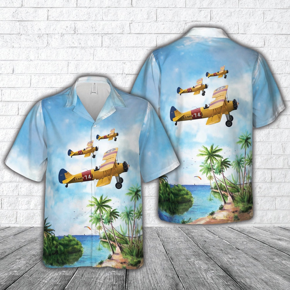 Us Navy Hawaiian Shirt, US Navy Boeing-Stearman E75 Kaydet 4273 741 (F-AZJR) Hawaiian Shirt, Military Hawaiian Shirt