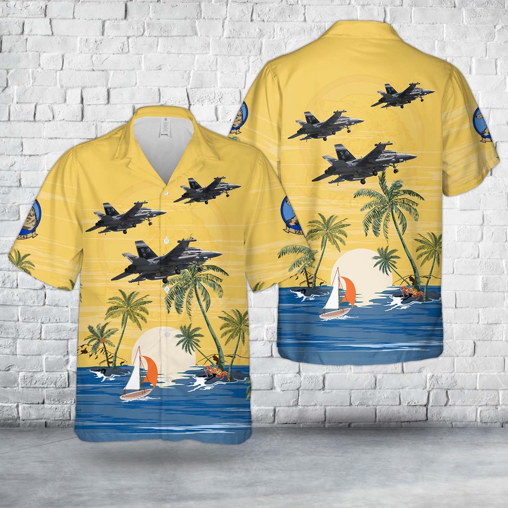 Us Navy Hawaiian Shirt, US Navy Boeing EA-18G Growler Of VAQ-142 Gray Wolves Hawaiian Shirt, Military Hawaiian Shirt