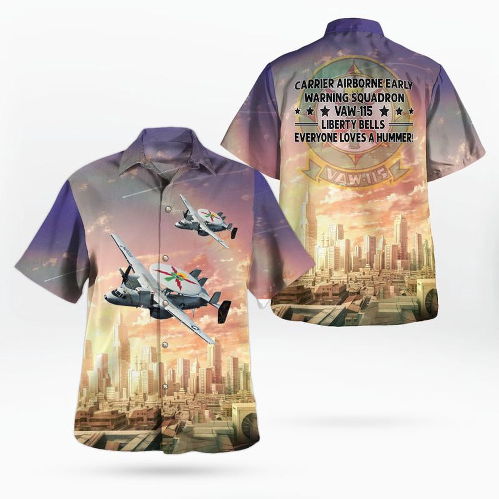 Us Navy Hawaiian Shirt, US Navy Carrier Airborne Early Warning Squadron 115 (VAW-115) Liberty Bells E-2C Hawkeye Hawaiian Shirt