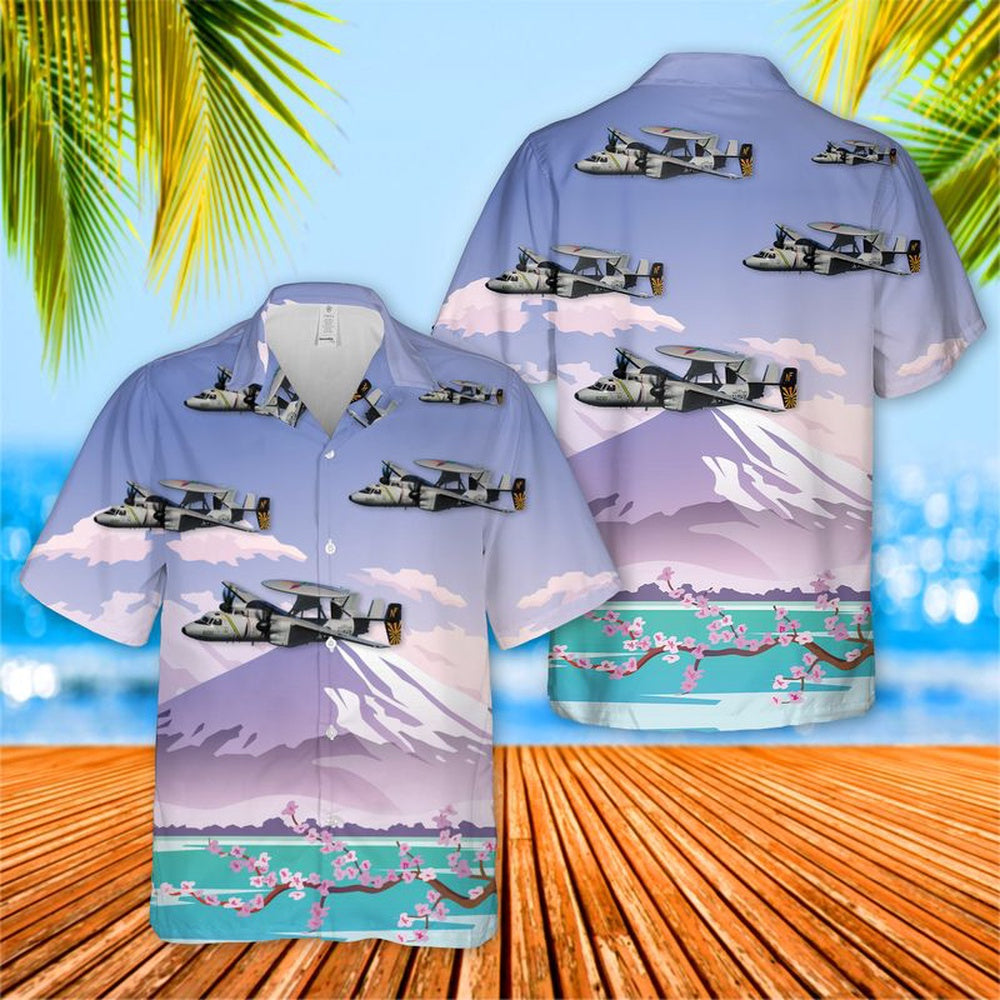 Us Navy Hawaiian Shirt, US Navy E-2C Hawkeyes Of VAW-115 Liberty Bells Flying By Mount Fuji, Japan Hawaiian Shirt, Military Hawaiian Shirt