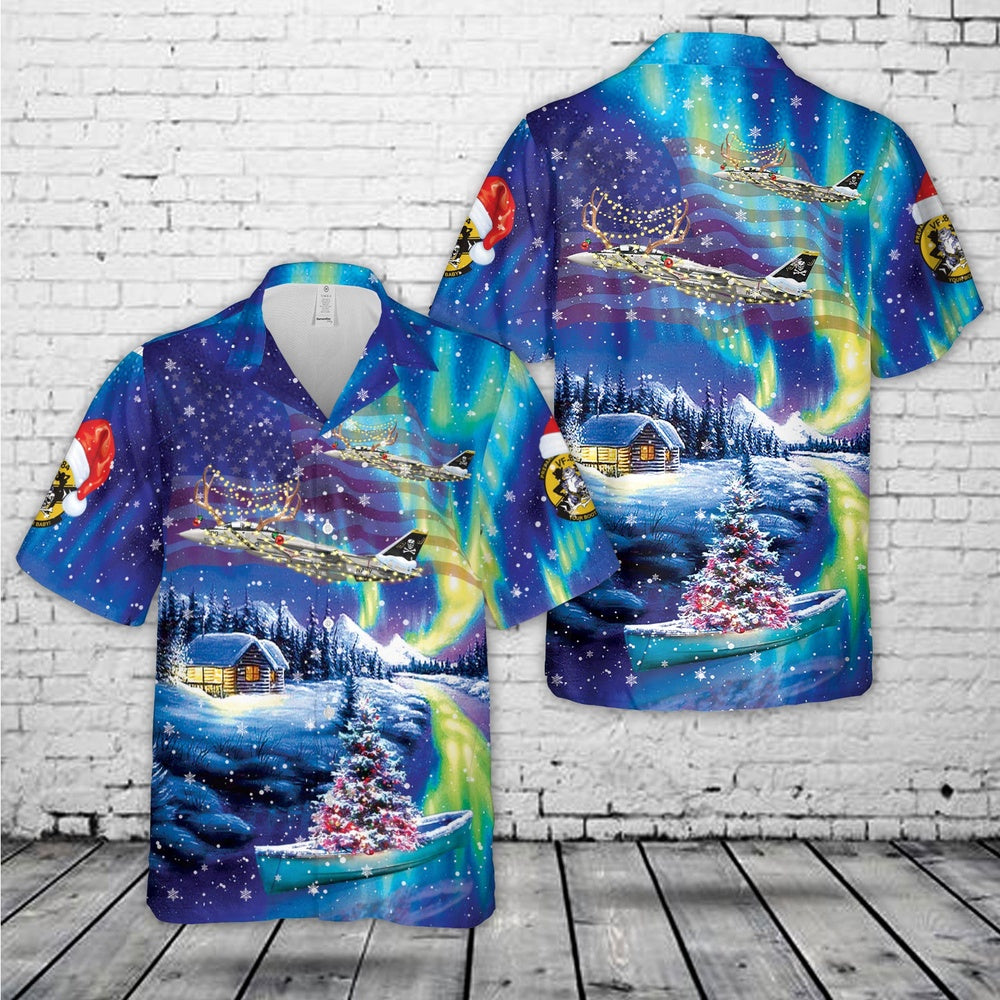 Us Navy Hawaiian Shirt, US Navy F-14A Tomcat Of VF-84 Jolly Rogers Christmas Hawaiian Shirt, Military Hawaiian Shirt