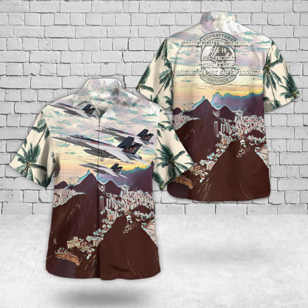 Us Navy Hawaiian Shirt, US Navy FA-18E Super Hornet Of VFA-14 Tophatters Hawaiian Shirt, Military Hawaiian Shirt