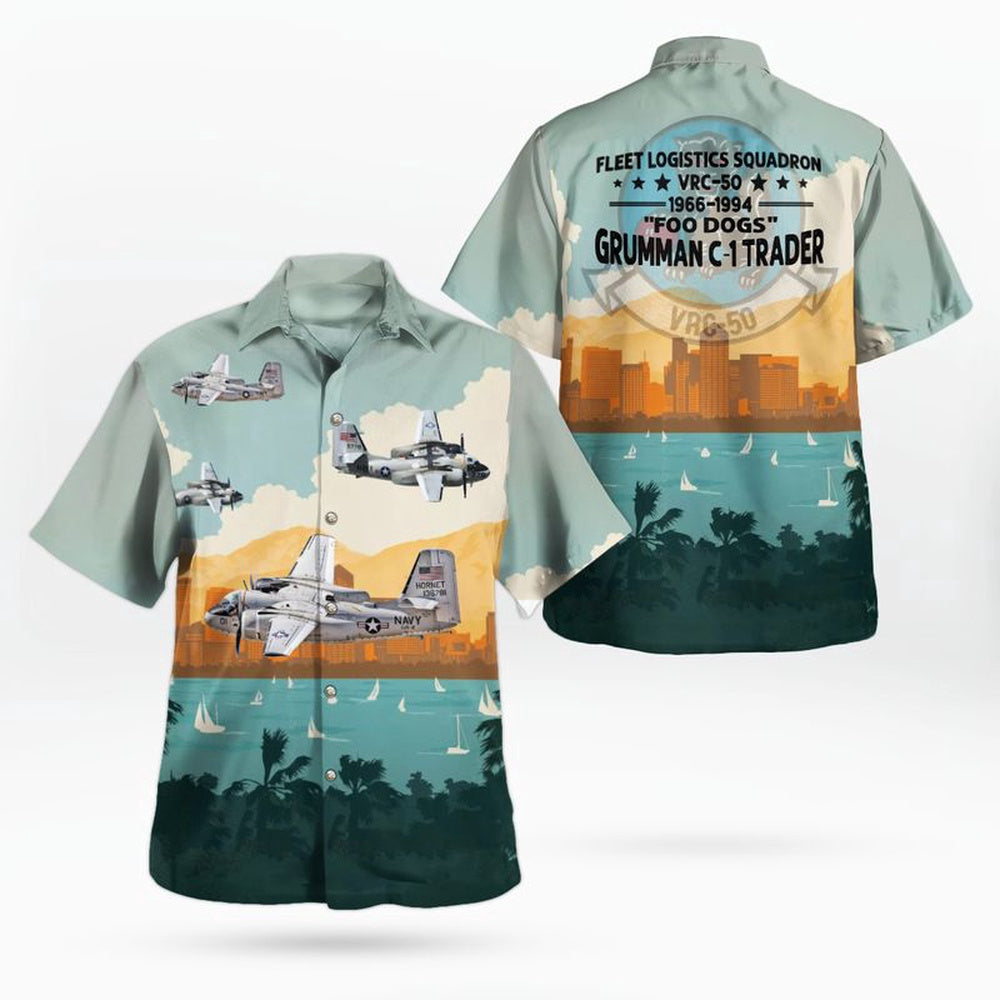 Us Navy Hawaiian Shirt, US Navy Grumman C-1 Trader Of VRC-50 Foo Dogs Hawaiian Shirt, Military Hawaiian Shirt