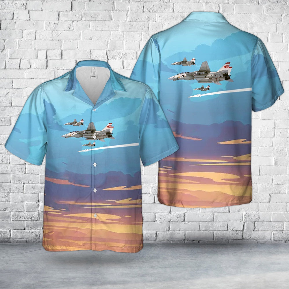 Us Navy Hawaiian Shirt, US Navy Grumman F-14A Tomcat from fighter squadron VF-1 Wolfpack launching an AIM-54 Phoenix missile Hawaiian Shirt