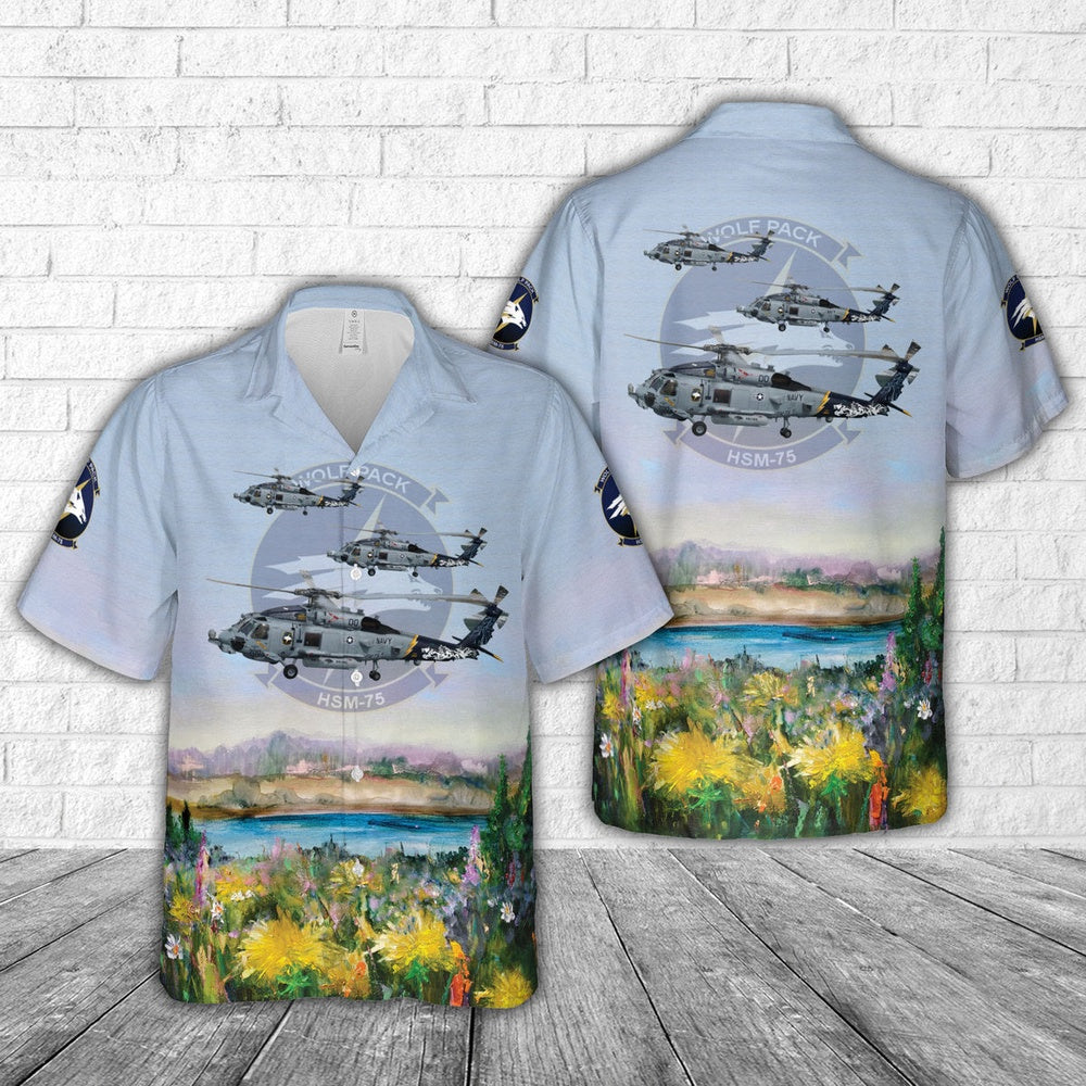 Us Navy Hawaiian Shirt, US Navy Helicopter Maritime Strike Squadron 75 (HELMARSTRIKERON 75) HSM-75 Wolfpack MH-60R Seahawk Hawaiian Shirt