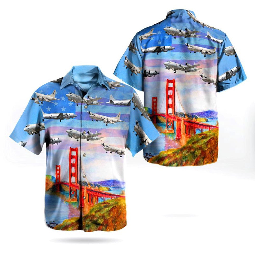 Us Navy Hawaiian Shirt, US Navy Lockheed P-3 Orion Independence Day Golden Gate Bridge Hawaiian Shirt, Military Hawaiian Shirt