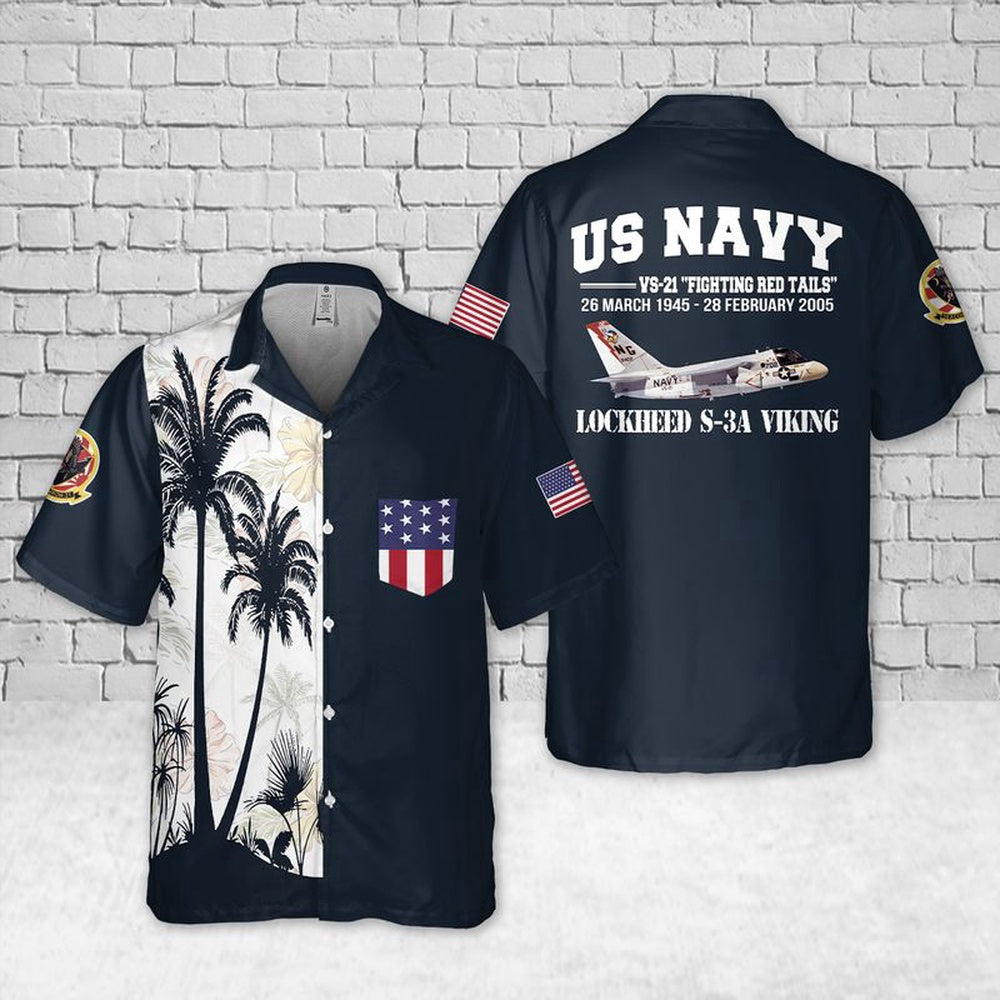 Us Navy Hawaiian Shirt, US Navy Lockheed S-3A Viking VS-21 Fighting Red Tails Pocket Hawaiian Shirt, Military Hawaiian Shirt