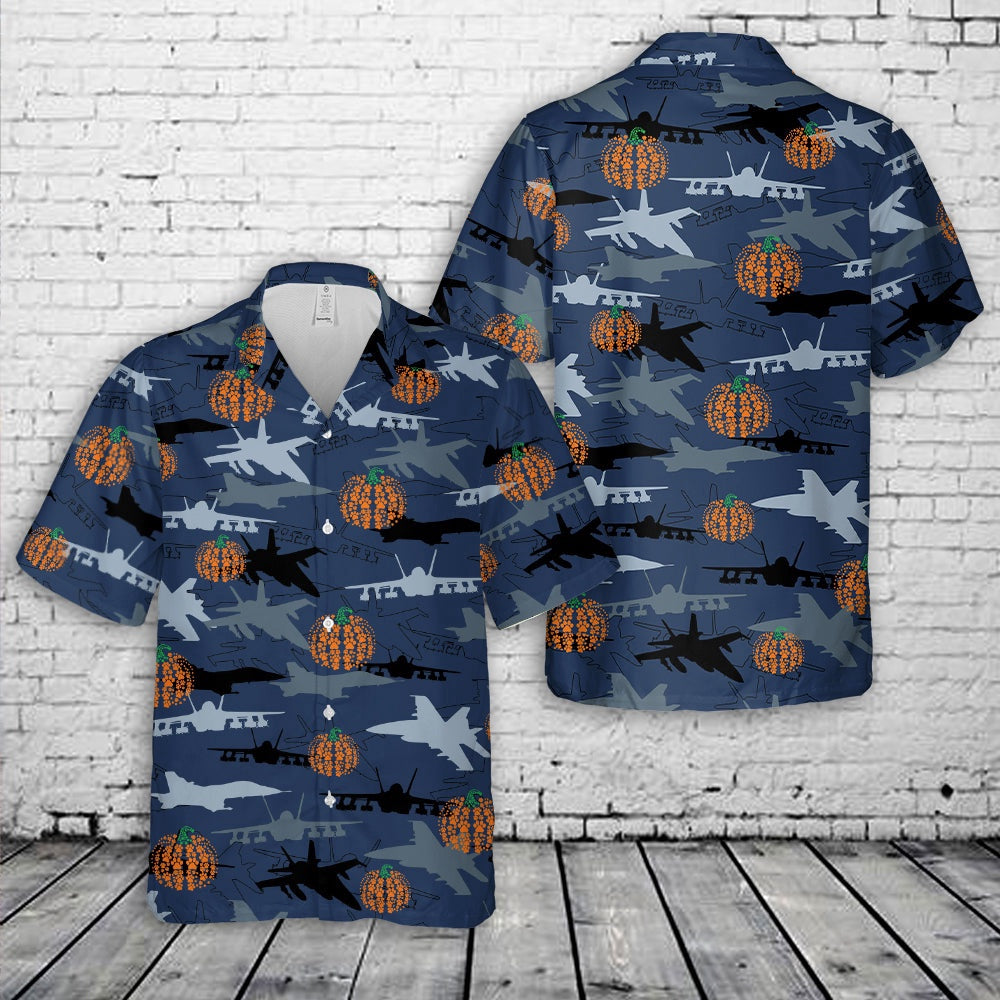 Us Navy Hawaiian Shirt, US Navy McDonnell Douglas FA-18 Hornet Silhouettes Pumpkin Hawaiian Shirt, Military Hawaiian Shirt