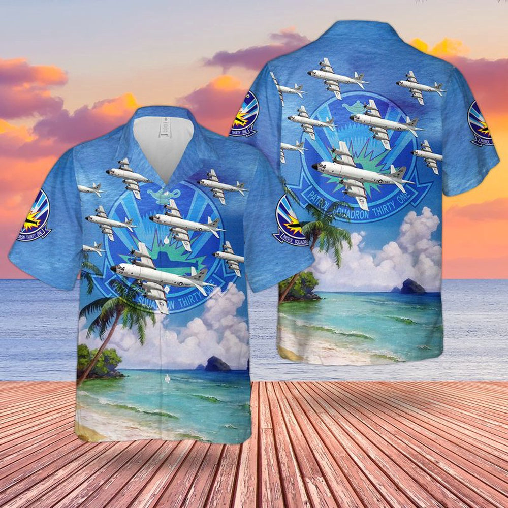 Us Navy Hawaiian Shirt, US Navy P-3 Orion Of Patrol Squadron 31 VP-31 Black Lightnings Hawaiian Shirt, Military Hawaiian Shirt