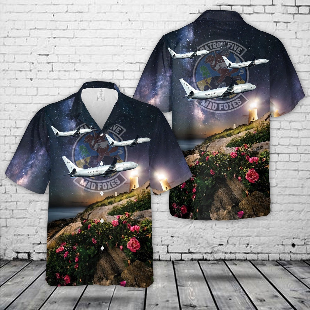 Us Navy Hawaiian Shirt, US Navy Patrol Squadron FIVE (VP-5) 'Mad Foxes' P-8A Hawaiian Shirt, Military Hawaiian Shirt