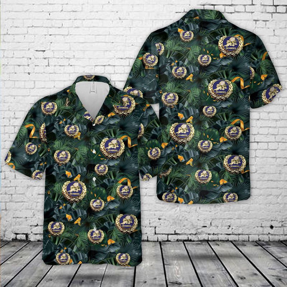 Us Navy Hawaiian Shirt, US Navy Seabees With Wreath Hawaiian Shirt, Military Hawaiian Shirt