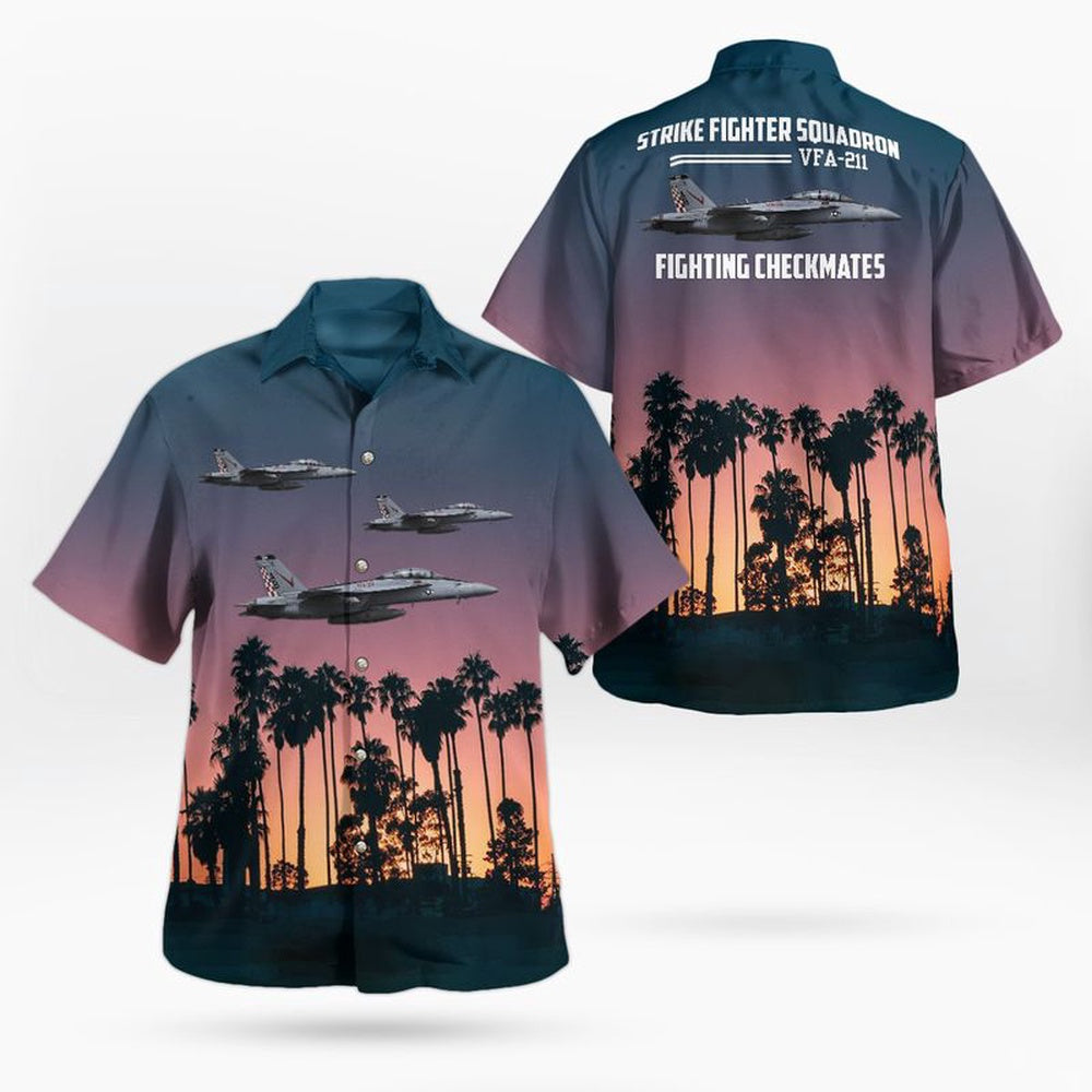 Us Navy Hawaiian Shirt, US Navy Strike Fighter Squadron 211 (VFA-211) Fighting Checkmates Boeing FA-18EF Super Hornet Hawaiian Shirt