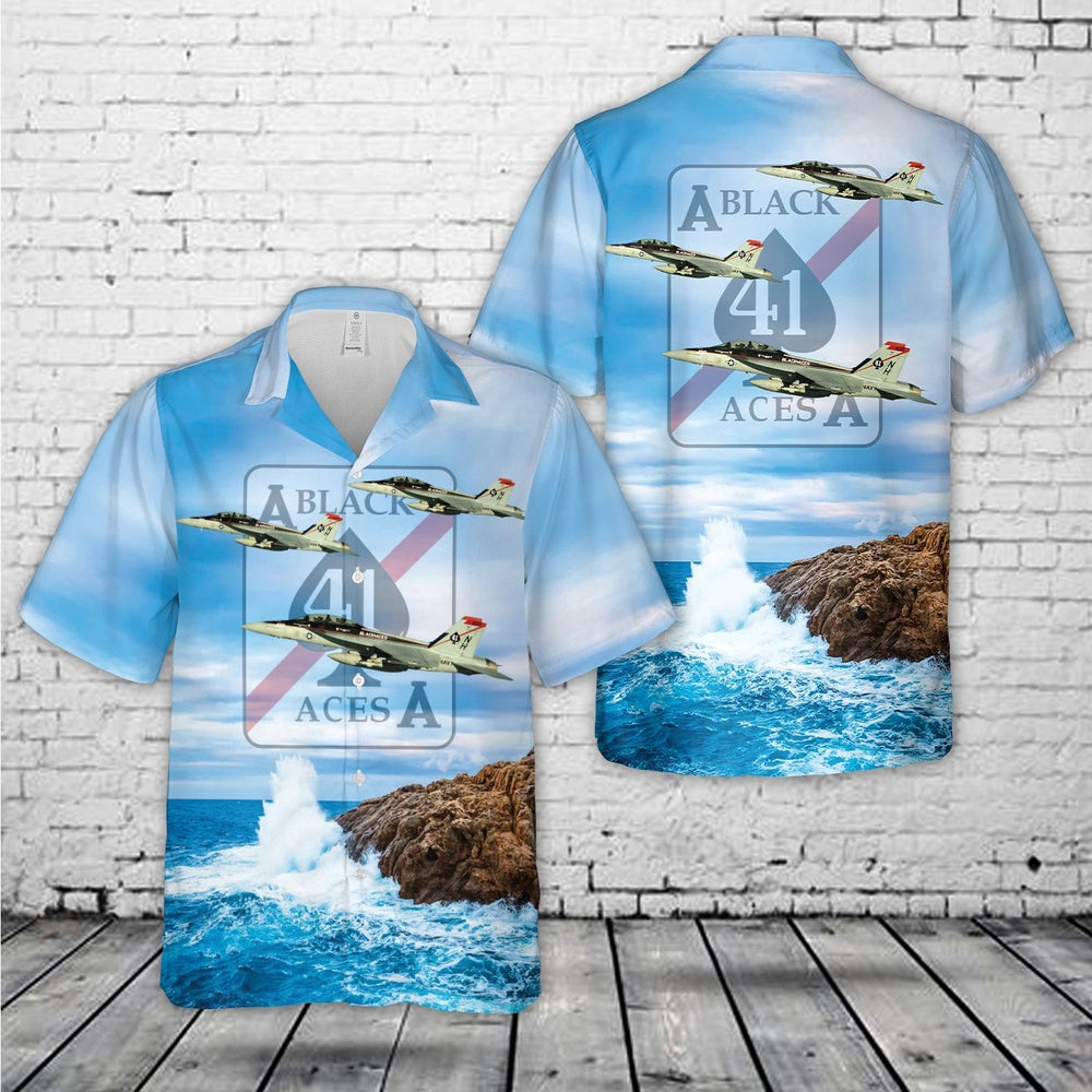 Us Navy Hawaiian Shirt, US Navy Strike Fighter Squadron 41 (VFA-41) Black Aces FA-18F Hawaiian Shirt, Military Hawaiian Shirt