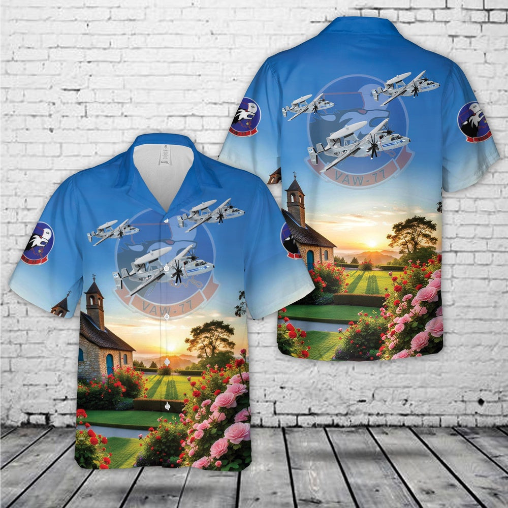 Us Navy Hawaiian Shirt, US Navy VAW-77 Night Wolves E-2C Hawaiian Shirt, Military Hawaiian Shirt