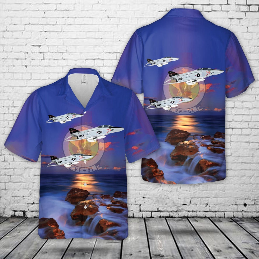 Us Navy Hawaiian Shirt, US Navy VF-51 Screaming Eagles McDonnell F-4 Phantom Hawaiian Shirt, Military Hawaiian Shirt
