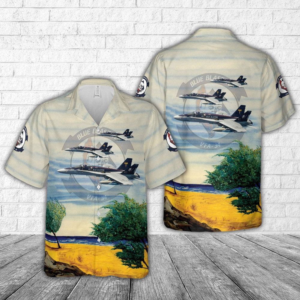 Us Navy Hawaiian Shirt, US Navy VFA-34 F A-18C Blue Blasters Hawaiian Shirt, Military Hawaiian Shirt