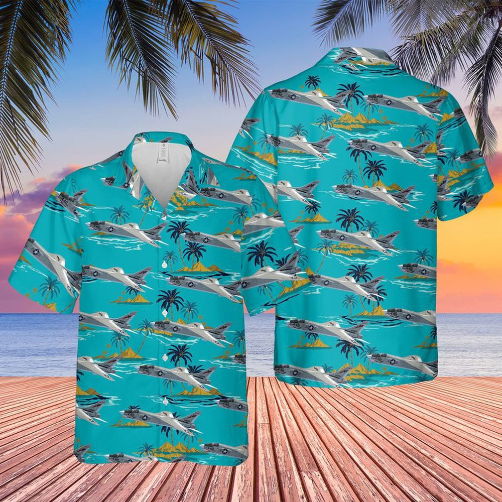 Us Navy Hawaiian Shirt, US Navy Vought F-8J Crusader Of VF-24 Red Checkertails Hawaiian Shirt, Military Hawaiian Shirt