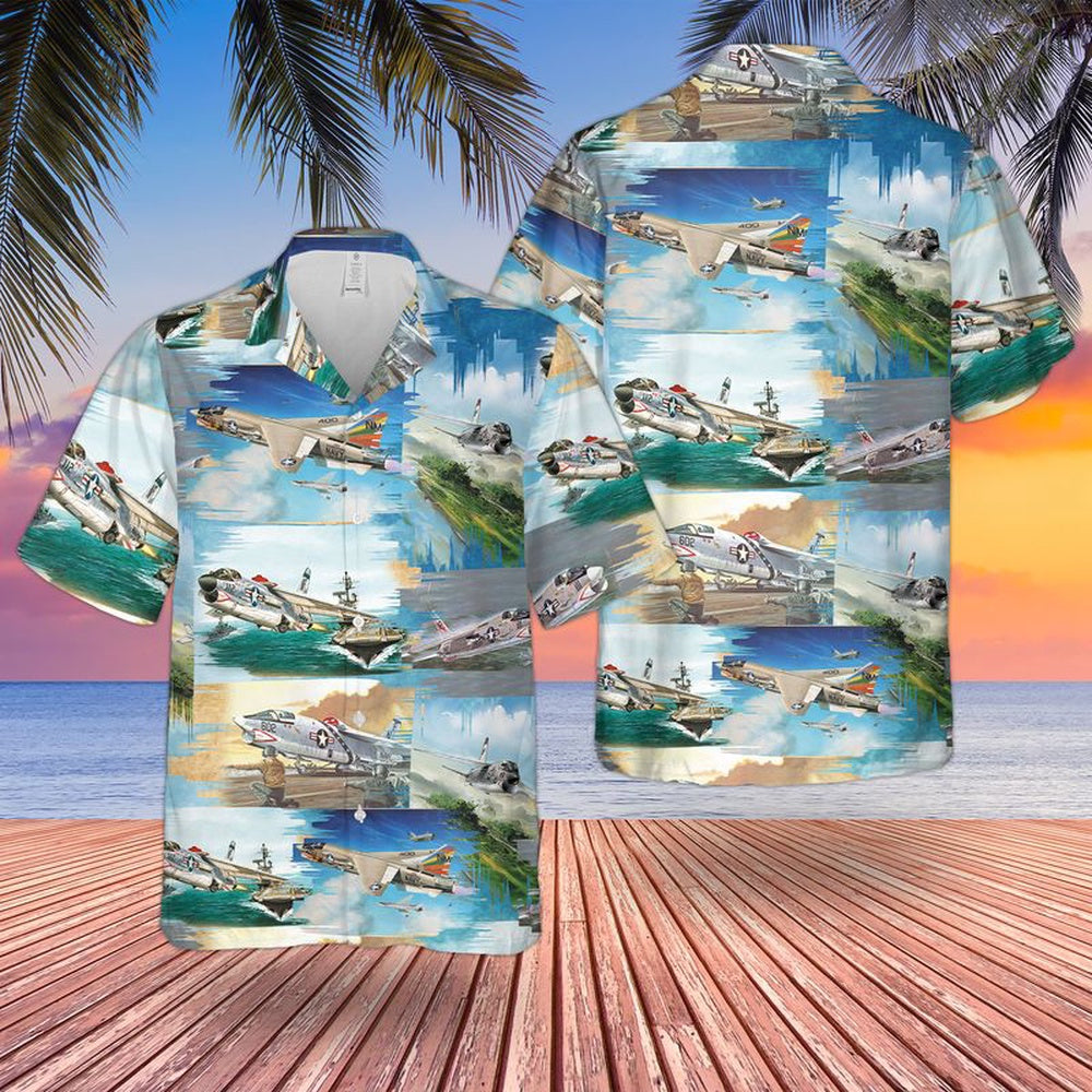 Us Navy Hawaiian Shirt, US Navy Vought F-8 Crusader Hawaiian Shirt, Military Hawaiian Shirt