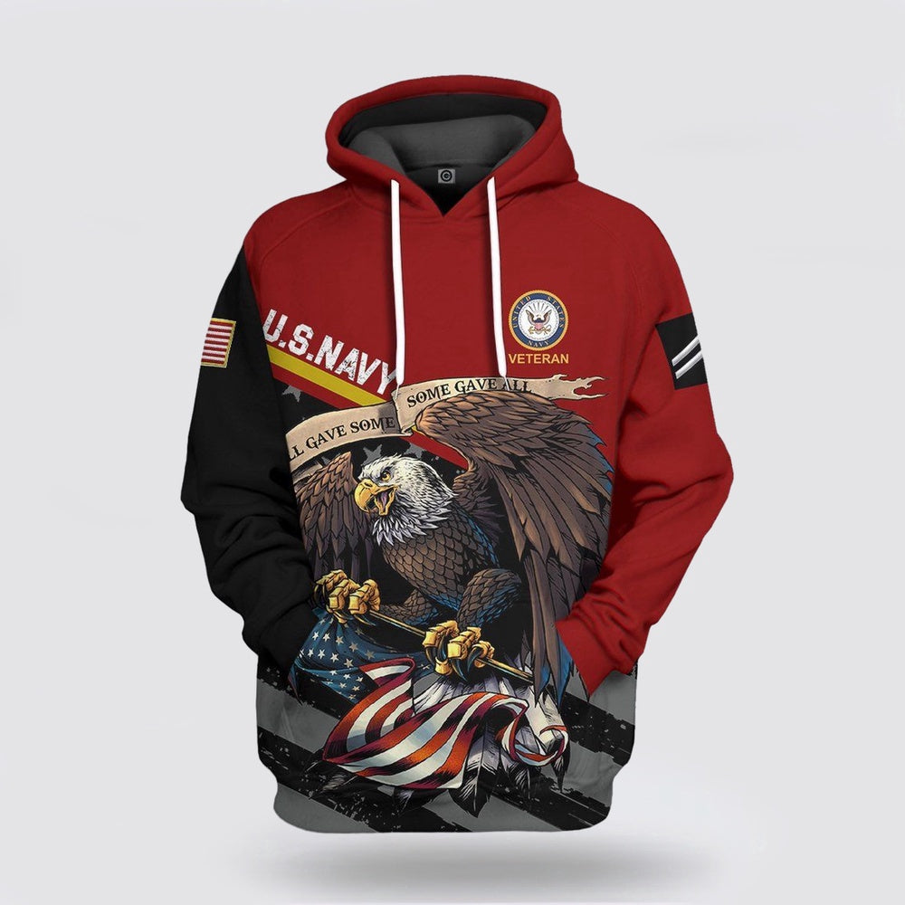 Us Navy Hoodie, 3D United States Navy Veteran Red Custom Rank Hoodie Apparel