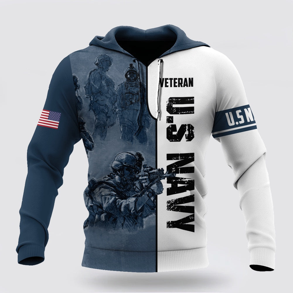Us Navy Hoodie, US Veteran Navy Color All Over Printed Unisex Hoodie