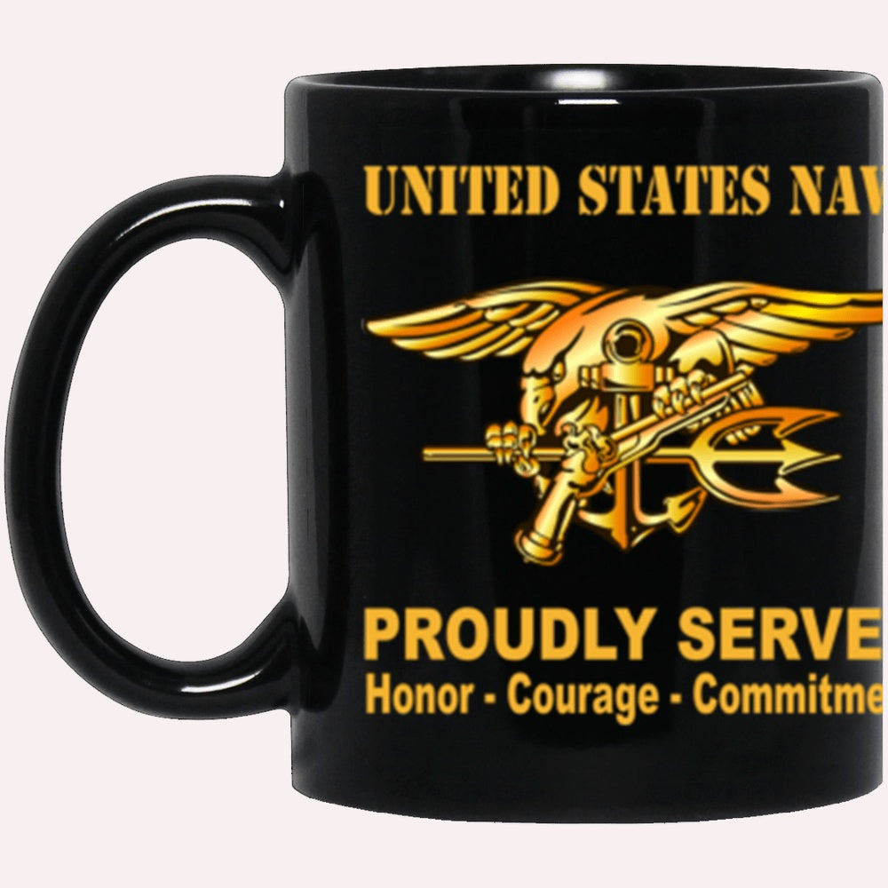 Us Navy Mug, Veterans Mug, US Navy Naval Special Warfare (Seal) Badge Proudly Served Core Values Black Mug, Military Coffee Mugs, Us Navy Coffee Mugs