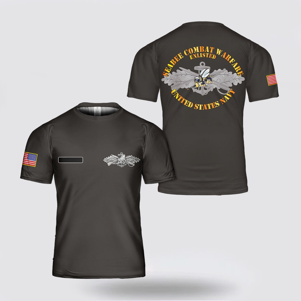 Us Navy T Shirt, Personalized US Navy Seabee Combat Warfare Enlisted Badge 3D T Shirt, Navy Military Shirts