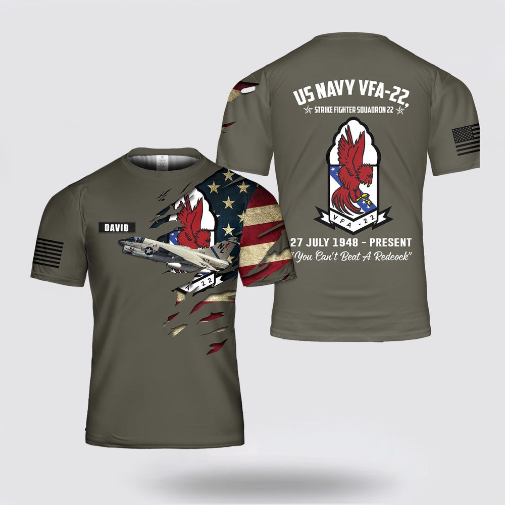 Us Navy T Shirt, Personalized US Navy VFA-22, Strike Fighter Squadron 22 Fighting Redcocks A-7E Corsair II aircraft 3D T Shirt, Navy Military Shirts