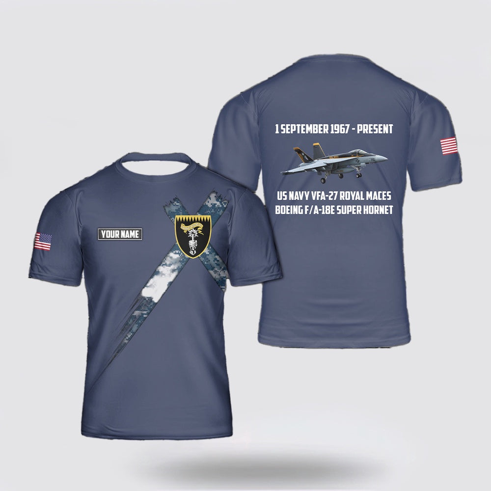Us Navy T Shirt, Personalized US Navy VFA-27 Royal Maces Boeing F A-18E Super Hornet 3D T Shirt, Navy Military Shirts