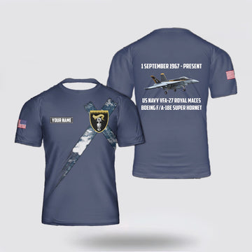 Us Navy T Shirt, Personalized US Navy VFA-27 Royal Maces Boeing F A-18E Super Hornet 3D T Shirt, Navy Military Shirts