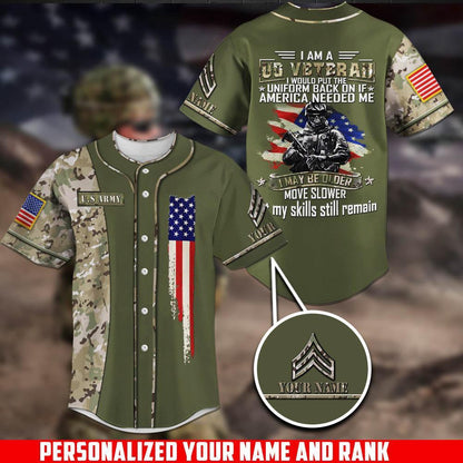 Veteran Baseball Jersey, US Army Camouflage Baseball Shirt Personalized Your Name And Rank , I Would Put The Uniform Back On If America Needed Me