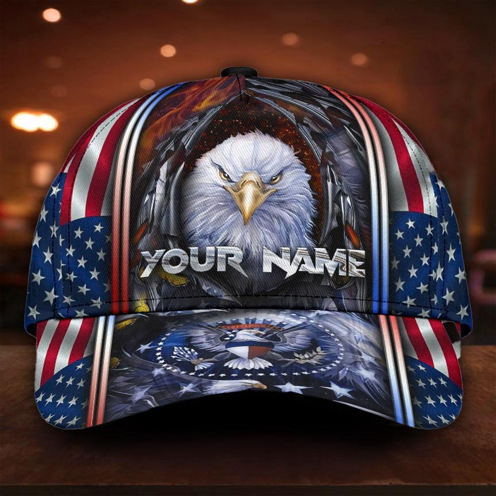 Veteran Cap, Custom Name Proud American Eagle And USA Flag Classic Cap