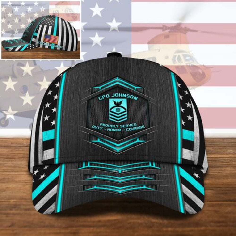 Veteran Cap, US Coast Guard US Military Ranks US Veteran Cap All Over Printed Custom Text And Rank
