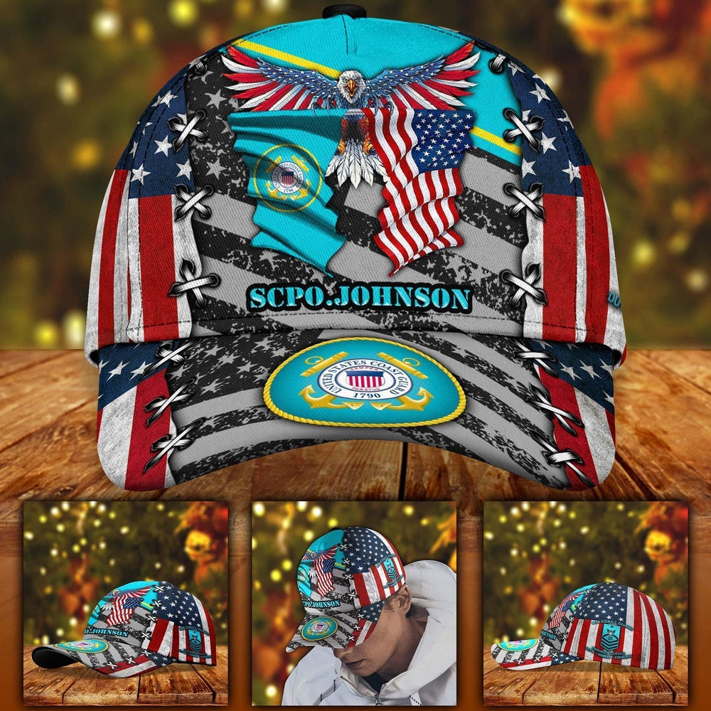 Veteran Cap, Us Coast Guard Military Veteran Cap Eagle American Flag Custom Classic Cap