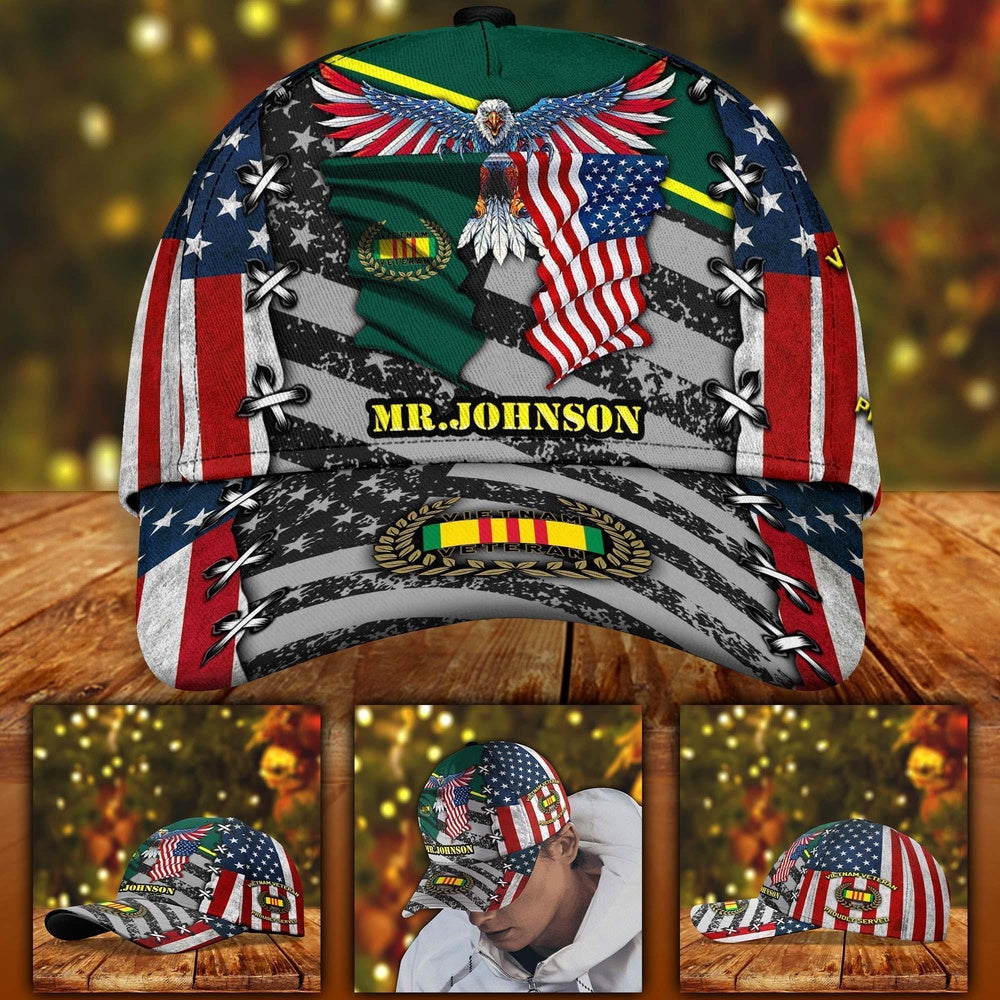 Veteran Cap, Vietnam Veteran Military Veteran Cap Eagle American Flag Custom Classic Cap