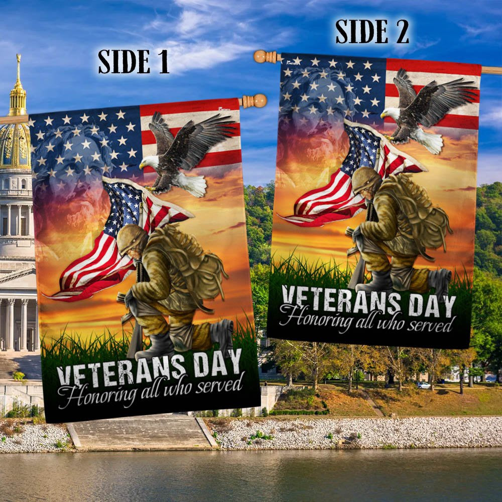 Veteran Flag, Veterans Day Honoring All Who Served Kneeling Soldier American Flag