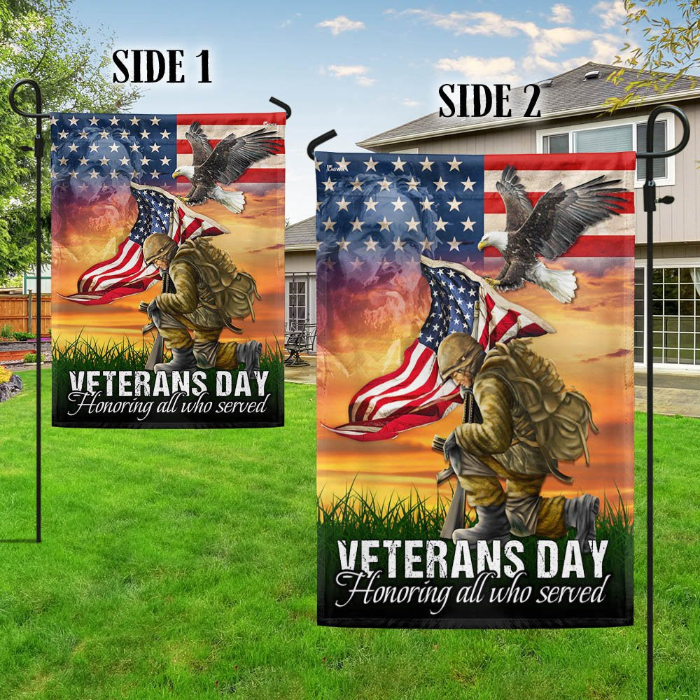Veteran Flag, Veterans Day Honoring All Who Served Kneeling Soldier American Flag
