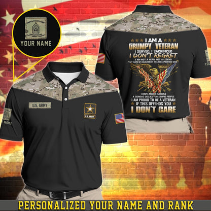 Veteran Polo Shirt, Personalized US Army Military Polo Shirt With Your Name And Rank, I Am A Grumpy Veteran