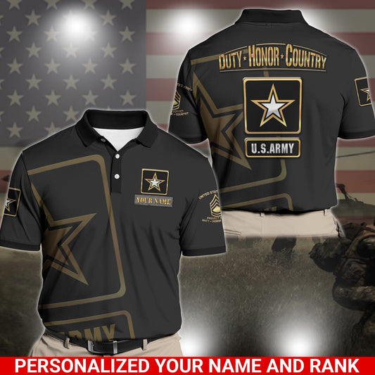 Veteran Polo Shirt, Personalized US Army Military Polo Shirt With Your Name And Rank, US Army Duty Honor Country Polo