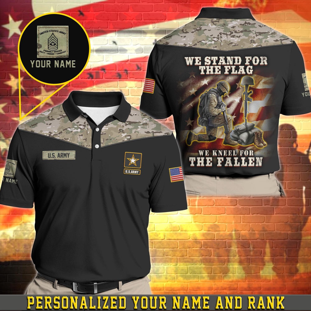 Veteran Polo Shirt, Personalized US Army Military Polo Shirt With Your Name And Rank, We Stand For Flag,
