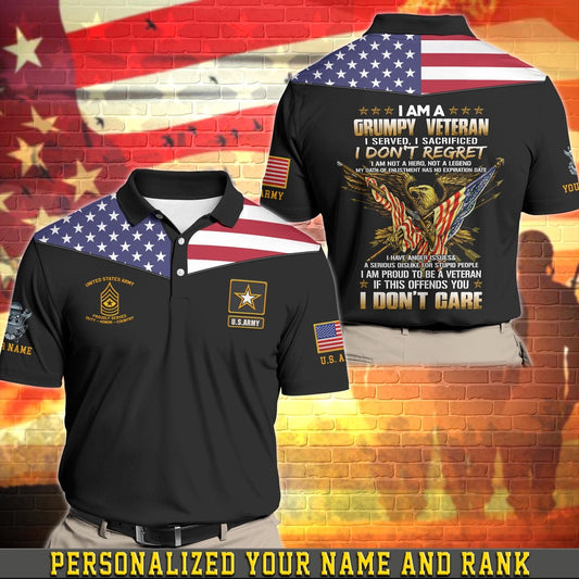 Veteran Polo Shirt, Personalized US Army Military Polo Shirt Your Name And Rank, I Am A Grumpy Veteran