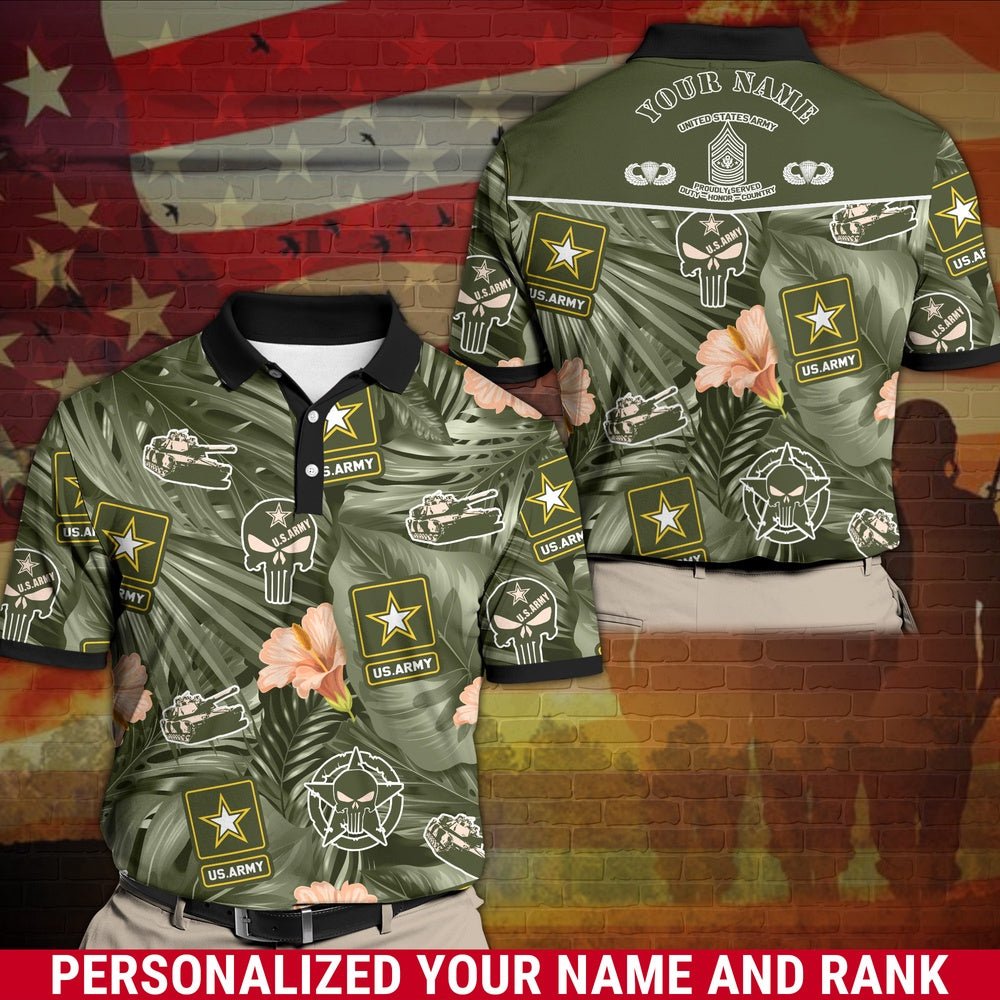 Veteran Polo Shirt, Personalized US Army Polo Shirt With Your Name And Rank, Tropical Summer Shirt